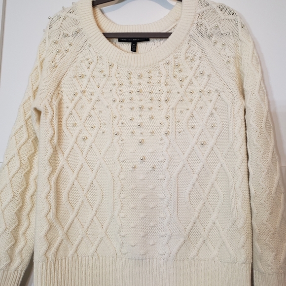 White House Black Market Wool Blend Cable Knit Sweater Pearls Cream Size… - Picture 2 of 11